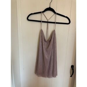 y2k Express Metallic Pleated Cami Top Mauve Pink Shimmer T-Back Cowl Neck XL NEW